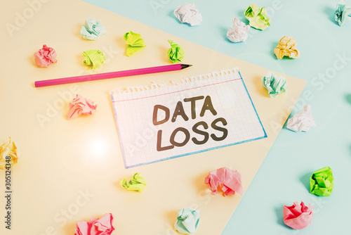 Word writing text Data Loss. Business photo showcasing process or event that results in data being corrupted and deleted Colored crumpled papers empty reminder blue yellow background clothespin © Artur