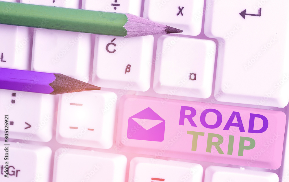 Conceptual hand writing showing Road Trip. Concept meaning long distance journey on the road traveled by automobile