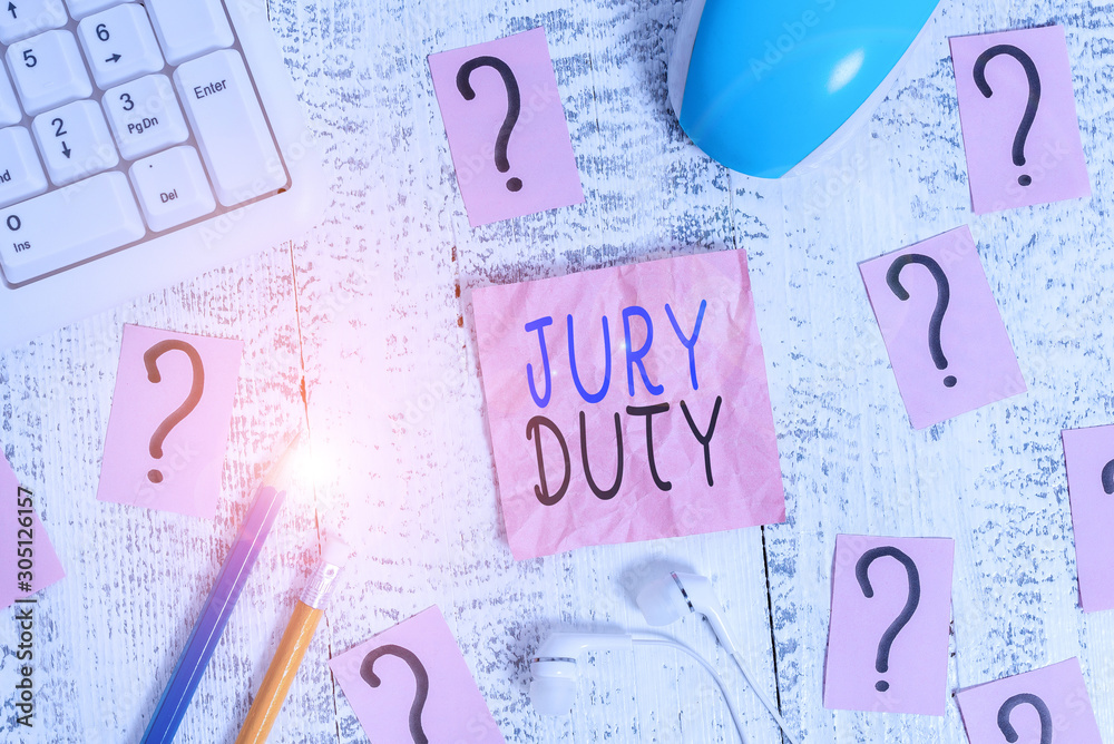 Conceptual hand writing showing Jury Duty. Concept meaning obligation or a period of acting as a member of a jury in court Writing tools and scribbled paper on top of the wooden table Conceptual hand writing showing Jury Duty. Concept meaning obligation or a period of acting as a member of a jury in court Writing tools and scribbled paper on top of the wooden table