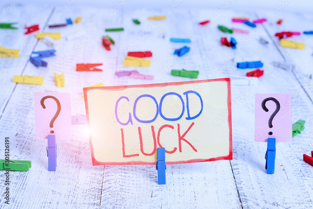 Word writing text Good Luck. Business photo showcasing wish positive fortune or happy outcome that a demonstrating can have Scribbled and crumbling sheet with paper clips placed on the wooden table