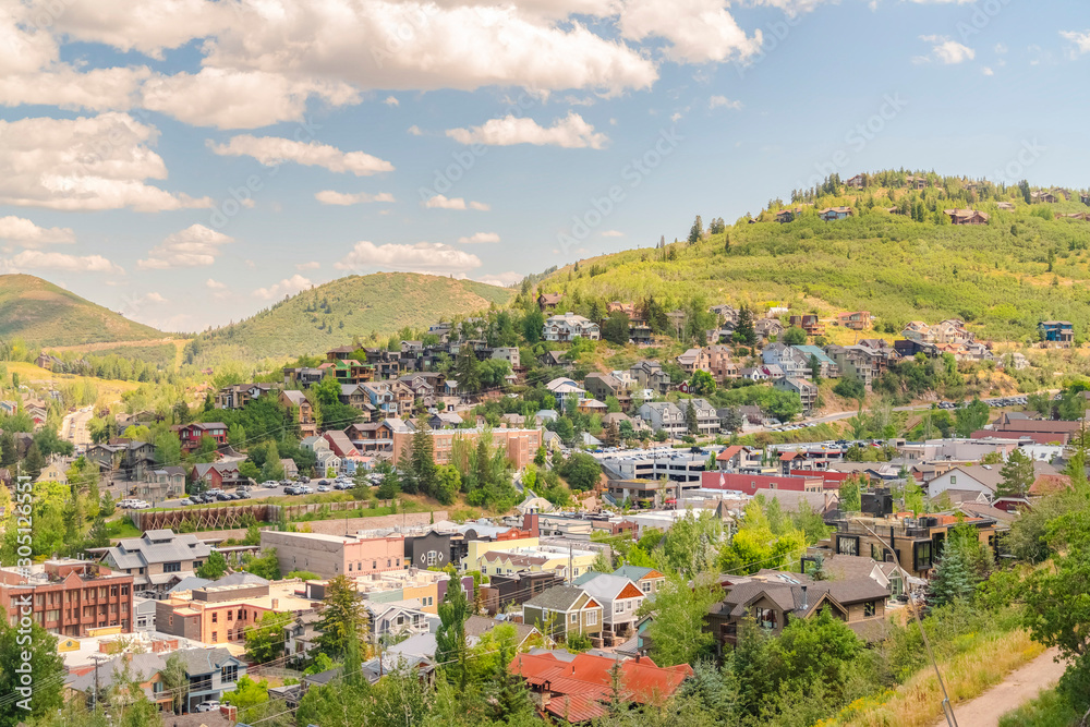 Summer mountain landscape at a ski resort in Park City Utah with buildings
