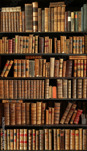 old books on wooden shelf photo