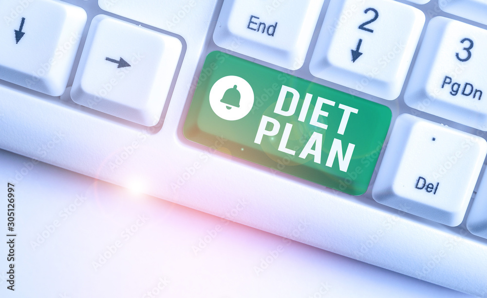 Conceptual hand writing showing Diet Plan. Concept meaning detailed proposal for doing or achieving a heathy eating habit White pc keyboard with note paper above the white background Conceptual hand writing showing Diet Plan. Concept meaning detailed proposal for doing or achieving a heathy eating habit White pc keyboard with note paper above the white background