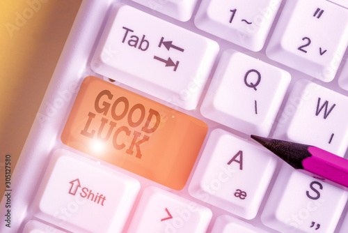 Word writing text Good Luck. Business photo showcasing wish positive fortune or happy outcome that a demonstrating can have White pc keyboard with empty note paper above white background key copy photo