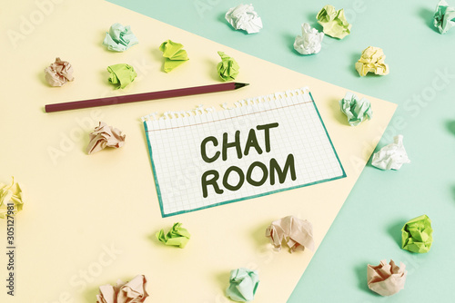 Word writing text Chat Room. Business photo showcasing area on the Internet or computer network where users communicate Colored crumpled papers empty reminder blue yellow background clothespin