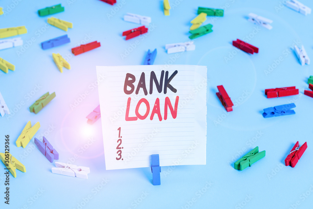 Word writing text Bank Loan. Business photo showcasing an amount of money loaned at interest by a bank to a borrower Colored clothespin papers empty reminder blue floor background office pin Word writing text Bank Loan. Business photo showcasing an amount of money loaned at interest by a bank to a borrower Colored clothespin papers empty reminder blue floor background office pin