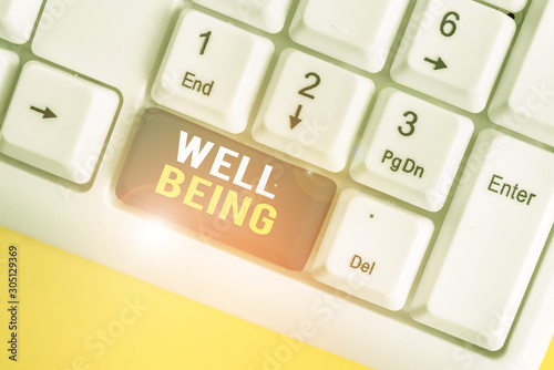 Text sign showing Well Being. Business photo text A good or satisfactory condition of existence including health White pc keyboard with empty note paper above white background key copy space