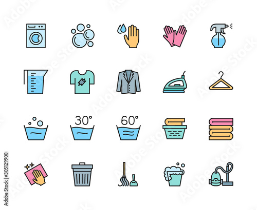 Set of Laundry and Cleaning Color Line Icons. Washing Machine, Hanger and more.