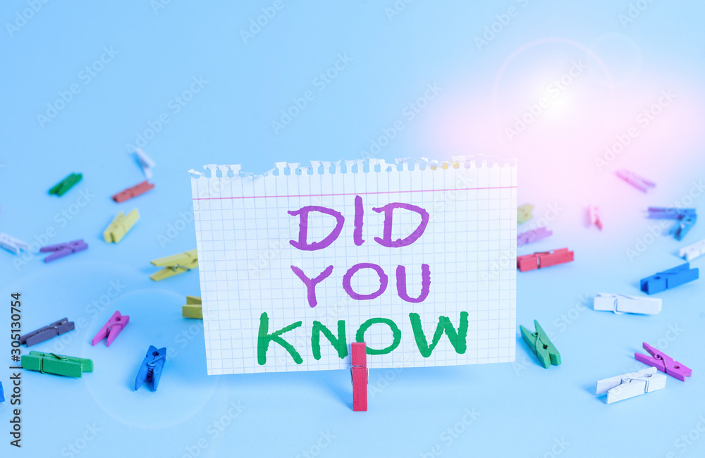 Word writing text Did You Know. Business photo showcasing Knowing the next move Thinking Trivia Brainstorming Wondering Colored clothespin rectangle square shaped paper light blue background Word writing text Did You Know. Business photo showcasing Knowing the next move Thinking Trivia Brainstorming Wondering Colored clothespin rectangle square shaped paper light blue background