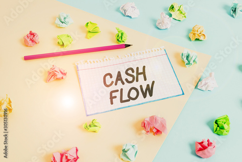 Word writing text Cash Flow. Business photo showcasing Movement of the money in and out affecting the liquidity Colored crumpled papers empty reminder blue yellow background clothespin © Artur