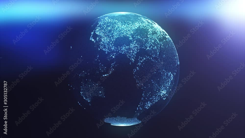 Globe composed of particles and dots illuminated by rays of light. Computer generated 3d rendering of digital earth background
