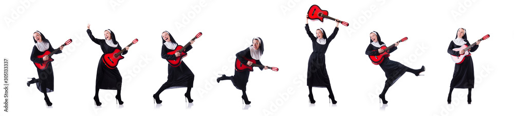 Nun playing guitar isolated on white Nun playing guitar isolated on white