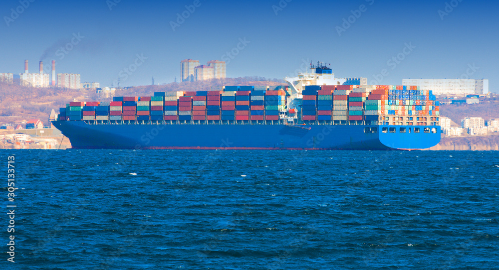 Large container ship in the harbor