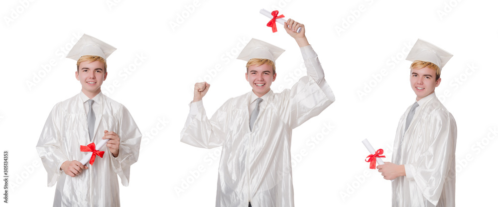 Young male student graduated from high school on white Young male student graduated from high school on white