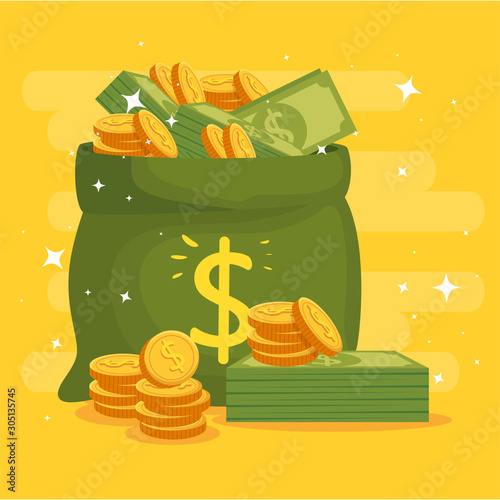 money bag with coins and bills vector illustration design
