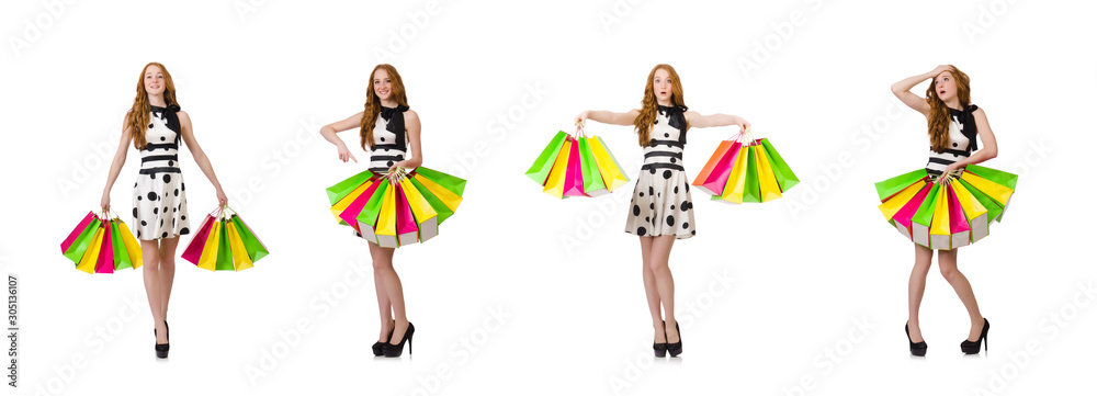 Young woman with shopping bags on white Young woman with shopping bags on white
