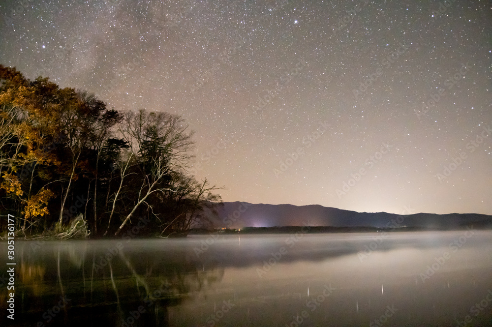 星空の輝く夜の湖。北海道、屈斜路湖。 星空の輝く夜の湖。北海道、屈斜路湖。