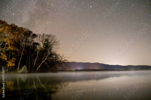 星空の輝く夜の湖。北海道、屈斜路湖。