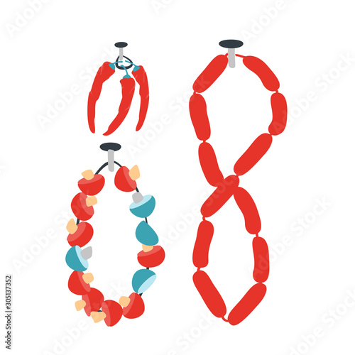 Red pepper pods, mushrooms, sausages are collected on a rope, weigh on a clove