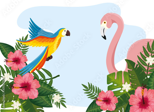 group of animals exotics with flowers and leafs vector illustration design