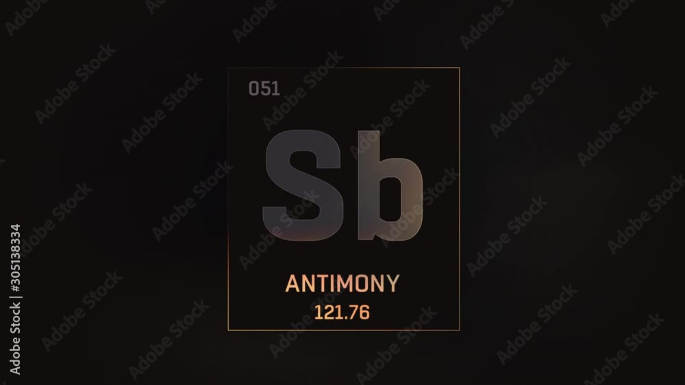 Antimony as Element 51 of the Periodic Table. Seamlessly looping 3D animation on grey illuminated atom design background with orbiting electrons. Design shows name, atomic weight and element number Antimony as Element 51 of the Periodic Table. Seamlessly looping 3D animation on grey illuminated atom design background with orbiting electrons. Design shows name, atomic weight and element number