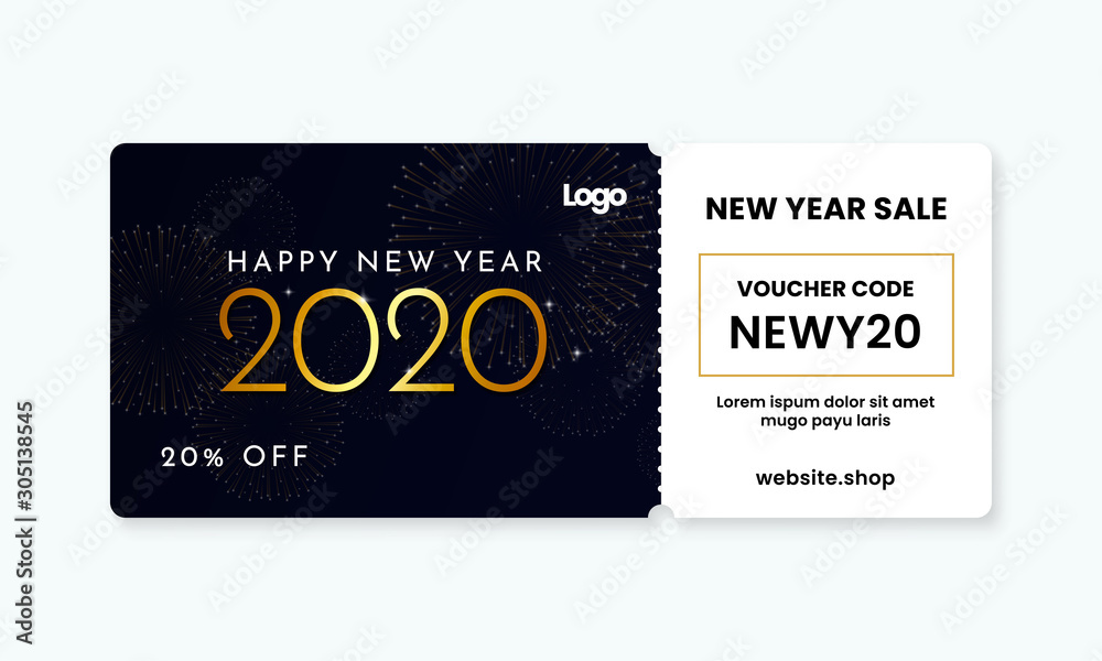 Gold Happy New Year 2020 voucher gift template vector design with coupon code for shop discount promotion event Gold Happy New Year 2020 voucher gift template vector design with coupon code for shop discount promotion event