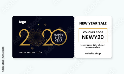 Gold Happy New Year 2020 voucher gift template vector design with coupon code for shop discount promotion event
