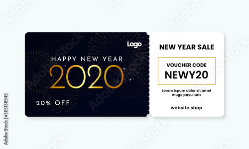 Gold Happy New Year 2020 voucher gift template vector design with coupon code for shop discount promotion event