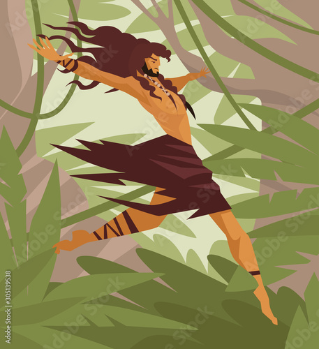 wild man jumping like a monkey in the jungle photo