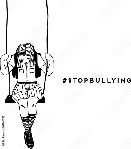 Sad lonely girl sits on swing alone. Hand drawn simple vector illustration with text stop bullying. Social problems of humanity.