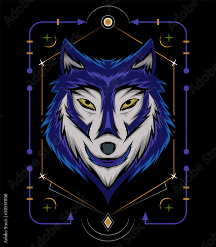 Vintage monochrome angry scary wolf head. Blue wolf vector illustration, head wolves