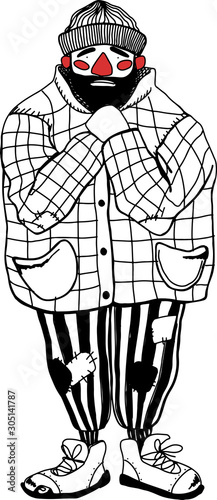 hand drawn vector homeless man frozen. Concept outline illustration