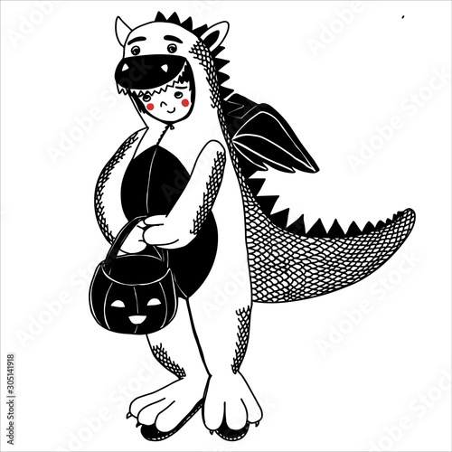 Halloween vector cartoon illustration. Cute child character in dragon costume with pumpkin trick or treat bucket filled with candy.