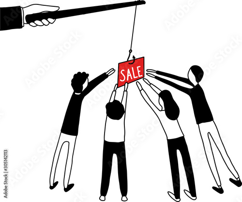 Customer management. Motivate people. Big hand holds sale sign, customers pulling hands wanting to getfor bait. Vector illustration simple design. Attract earn. Concept of Motivation people