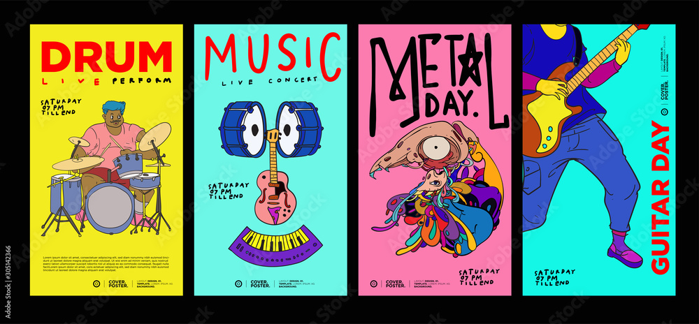 Fototapeta premium Music Festival Illustration Design for Jazz, Rock, Metal, Blues, Punk, and Live Music Concert 2020. Vector Illustration Collage of Music Festival Poster, Banner, Background and Wallpaper in eps 10.