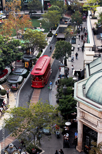 Los Angeles, California, USA. November 14, 2019. Glendale Center in Los Angeles. Green Center, Americana Brand, top view of a red tram, a large shopping, restaurant, leisure and residential complex in