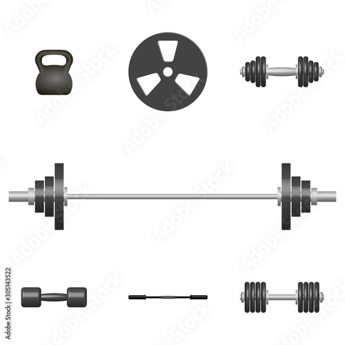 Set of 3D sports equipment items, vector illustration.