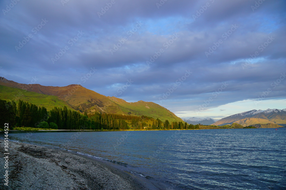A serene and tranquil  morning view in the Wanaka lake, Central Otago, New Zealand side 
