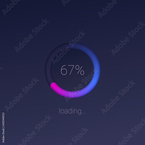 Modern 3D web preloader of updates. Graduated progress bar with percentage of upgrades, downloads. Concept of mobile apps with trendy gradients. Data loading on dark background with radial diagram
