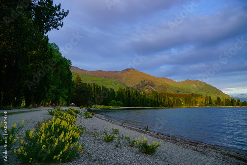 A serene and tranquil morning view in the Wanaka lake, Central Otago, New Zealand side 