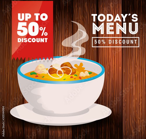 Obraz na płótnie poster of today menu with soup and fifty discount vector illustration design