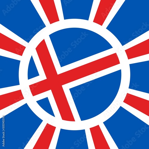 Iceland national flag on sunburst background. Celebration card template for independence day. Blue, red and white.