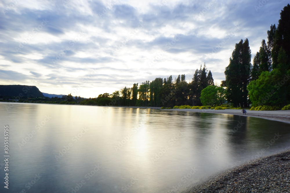 Beautiful scene in the spring morning in Wanaka lake, Otago, New Zealand.