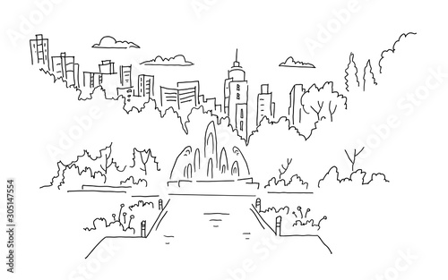 City park with a fountain. Panorama sketch. Big city view. Building skyscrapers landscape on the background. Hand drawn black line.