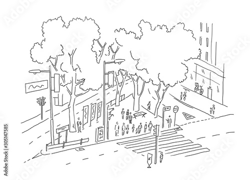 Fototapeta View from window on the street crosswalk. City hand drawn sketch. Building architecture landscape black line.
