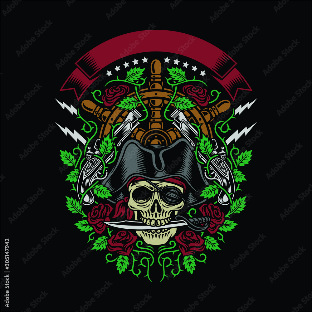 Pirate Skull Bite A Dagger With Roses And Guns Pirate Skull Bite A Dagger With Roses And Guns