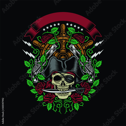 Pirate Skull Bite A Dagger With Roses And Guns