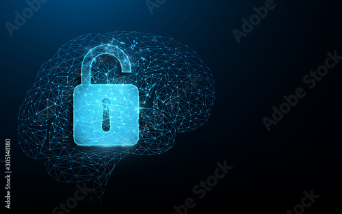 Unlocked brain form lines, triangles and particle style design. Illustration vector