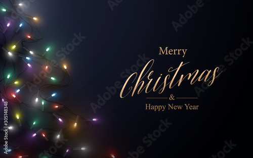 Merry Christmas postcard. Abstract Xmas sparkling lights garland christmas tree shape on dark background
