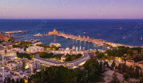 Aerial birds eye view photo taken by drone of Rhodes island old fortified town, popular tourist destination, Dodecanese, Aegean, Greece